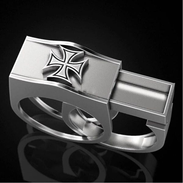 

cluster rings unique design two tone punk gold silver cross ring men secret compartment steampunk statement for women viking jewelry, Golden;silver