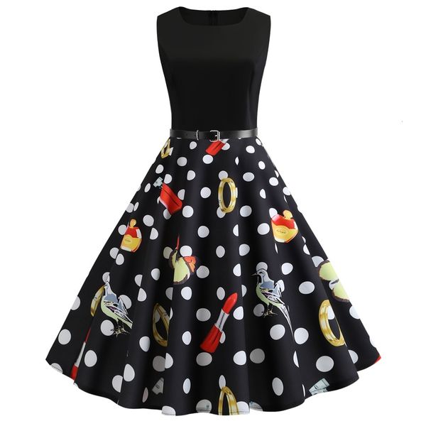 

2021 summer costme vestido new fshion dot pleated midi es ladies elegant sleeveless print belt black party women 4xc5, Black;gray
