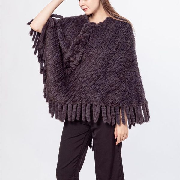 

women's fur & faux lady natural real knitted mink poncho with ruffle tassles flower cape shawl 2021 fashion knitting wrap, Black