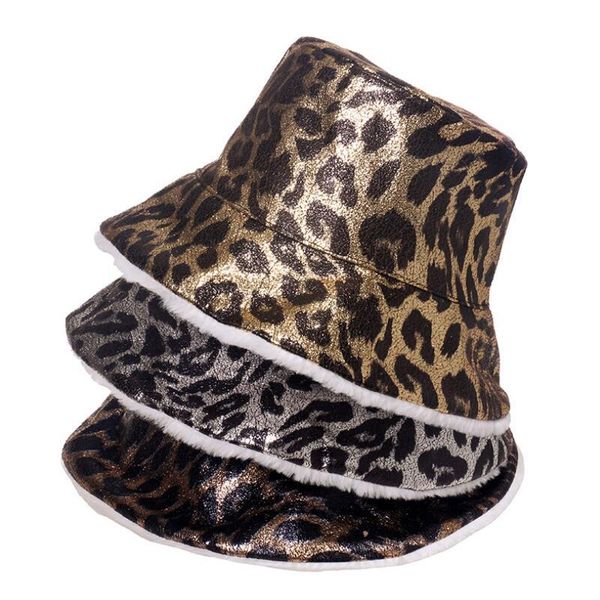 

wide brim hats leopard metal leather fleece bucket hat winter warm fisherman for men women lady basin panama flat round cap unisex, Blue;gray
