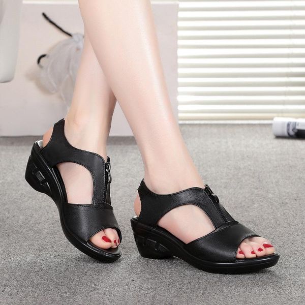 

dress shoes women old mother laides female sandals cow genuine leather pu beach summer cool zipper size 35-43 pgp-1153, Black