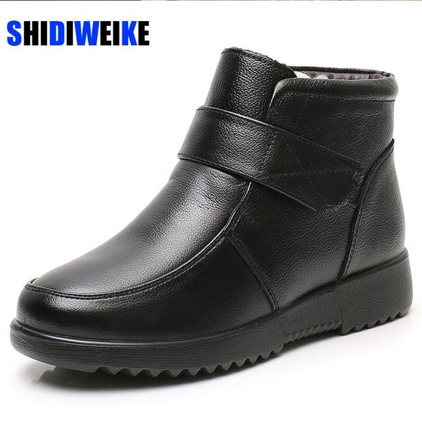 

boots women genuine leather warm mother winter zipper square heel ankle fashion thick fur snow female ad608, Black