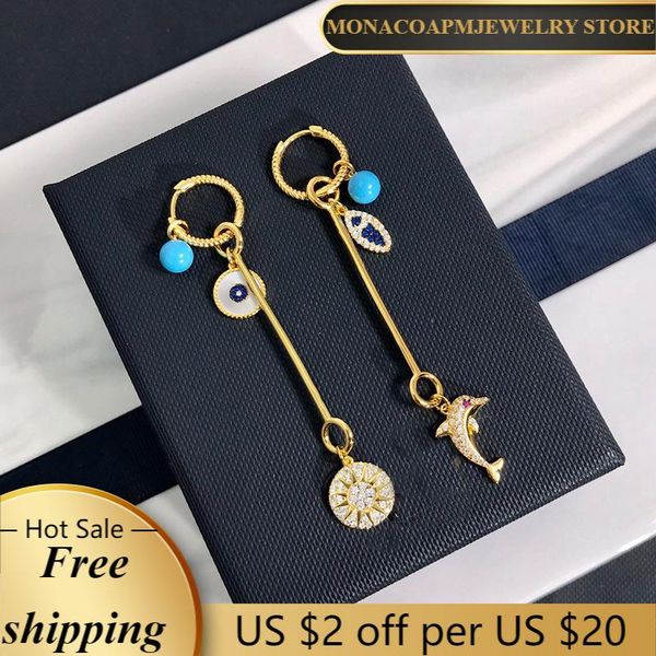 

hoop & huggie june style 925 sterling silver ocean paradise asymmetric earrings female light luxury summer ear jewelry monaco, Golden;silver