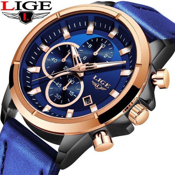 

fashion blue leather clock mens watches brand gift luxury quartz gold watch for men waterproof chronograph reloj hombre wristwatches, Slivery;brown