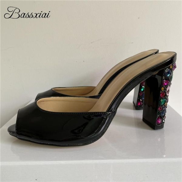 

sandals colorful rhinestone high heel women slingbacks peep toe patent leather slip-on summer mules for girls, Black