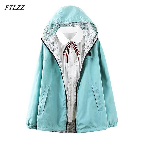 

women's trench coats ftlzz women short jackets spring autumn two side wear windbreaker hooded zipper loose cartoon print outwear female, Tan;black