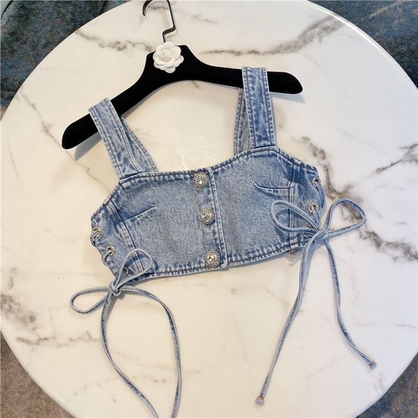 

women tank 2021 will see new european fashion small shirt waistband strass short buckle denim seaside blouses 7pwa, White