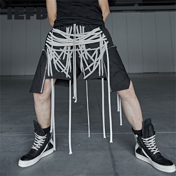 

iefb new streetwear lace up shorts zipper pocket overalls high street trend strings black clothes for men fashion 9y4362 210315, White;black