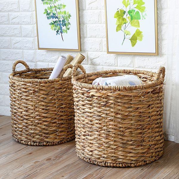 Roupas sujas cesta de água hyacinth tecido redondo cesta de armazenamento com lidar com roupas hamper 210316