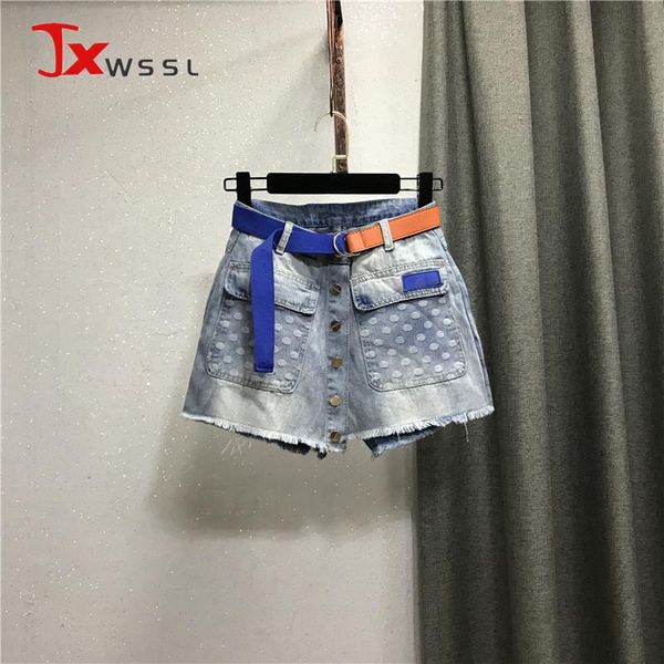 

women's shorts denim skirt women 2021 summer single-breasted big pocket decoration fashion female jeans skirts give away belt, White;black