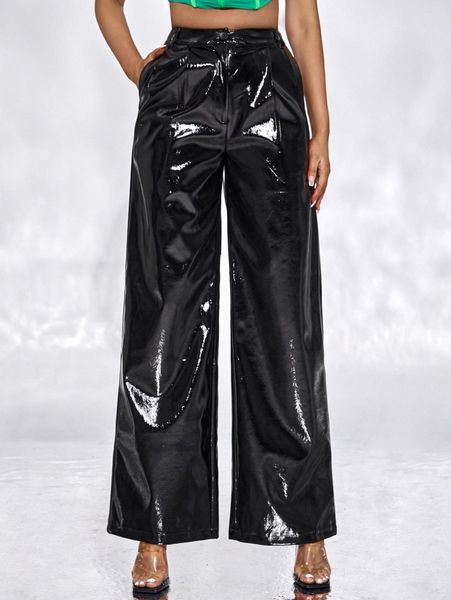 

sxy slant pockets pu leather wide leg pants r62y#, Black;white