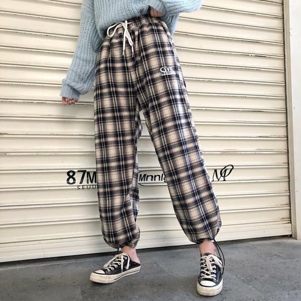 

women's pants & capris spring loose letter embroidery high waist wide leg girls straight wild plaid casual college style korean, Black;white