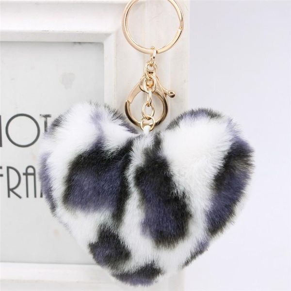 

leopard plush heart keychain faux fur ball keyring bag artificial pompom key holder fashion jewelry decoration christmas gifts, Slivery;golden