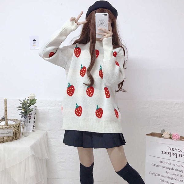 

women's sweaters kawaii strawberry womens autumn winter korean style thick jacquard knitted and pullovers teen girls jumpers 3sku, White;black