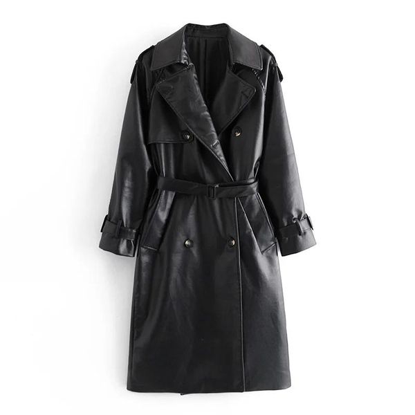 

women's trench coats women fashion motocycle with belt pu leather elegant ladies chic double breasted side pockets long coat, Tan;black