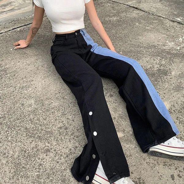 

women's jeans woman patchwork high street straight casual harajuku denim clothing summer fashion gothic vintage pants for girl, Blue