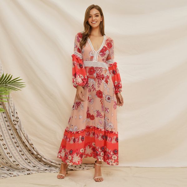 

2021 new vintage floral printed patchwork maxi dress spring boho beach casual women dresses v neck long sleeve vestidos 317l, Black;gray