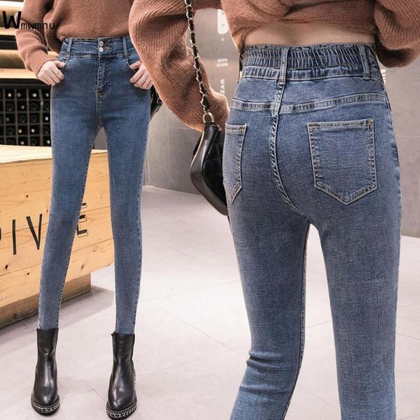 

blue vintage skinny jeans female elastic slim waistline pencil denim trousers fashion streetwear bulifting leggings women