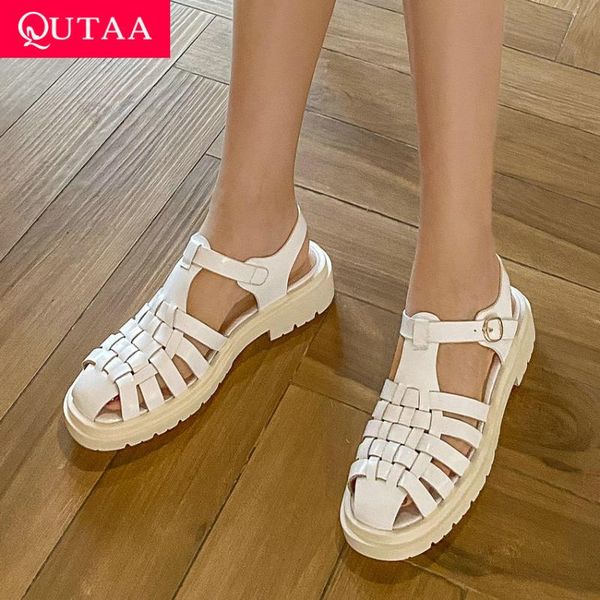 

dress shoes qutaa 2021 summer round toe retro sandals cow leather cut outs rome female buckle slingback women med heels size 34-41, Black