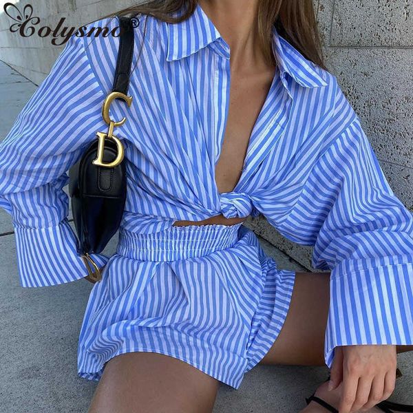 

colysmo shorts sets women summer stripe loose two piece set female elastic waist casual chic vetement femme 210527, White