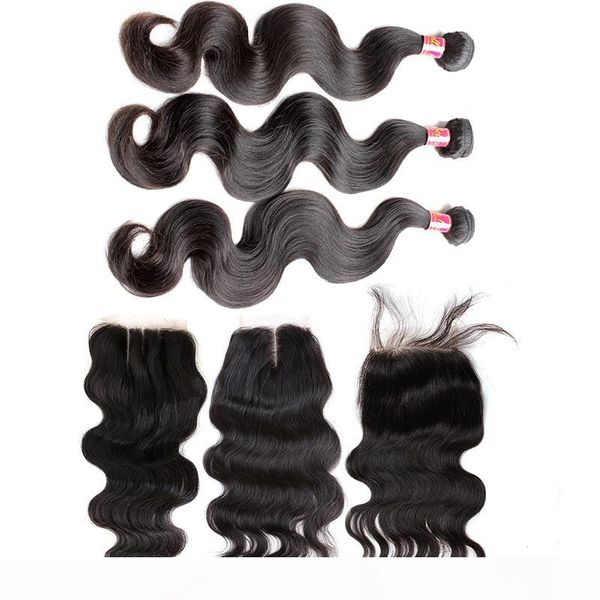 

bella hair 4pcs lot indian virgin hair bundles with closure 4*4 body wave human hair extensions full head natural color, Black