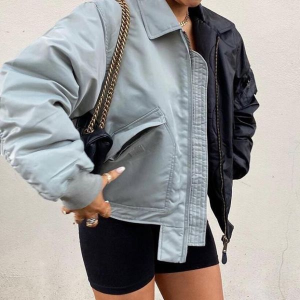 

wepbel blue gray + black dual-color patchwork jacket coat fashion women jackets casual wind long sleeve zipper outwear, Black;brown