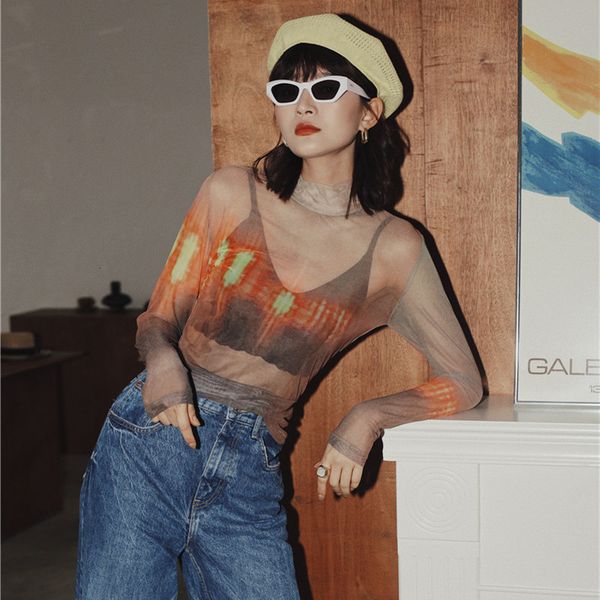 

2021 new turtleneck mesh long sleeve t shirt women transparent neon print basic tshirt summer fashion a757, White