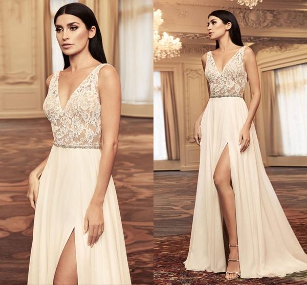 

2021 new boho chiffon romantic v-neck backless a-line lace princess bride wedding gowns vestido de noiva enag, White