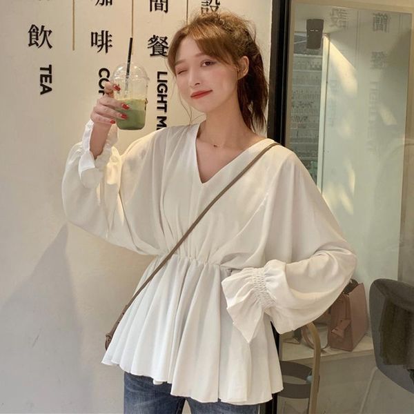 

women's blouses & shirts blouse women shirt spring and summer 2021 loose-fitting v-neck long sleeve blusas mujer de moda, White
