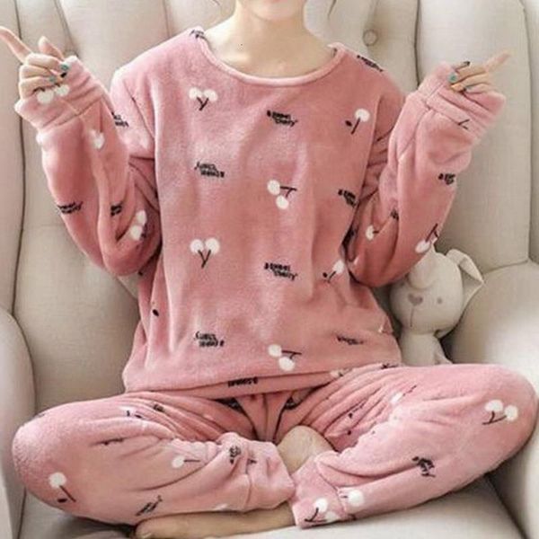

pajamas women winter flannel long-sleeved thickening plus velvet coral fleece cute autumn and winter home service suit women, Black;red