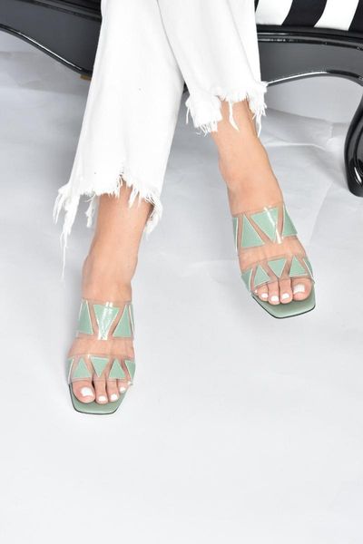 

slippers green transparent heels women's 2021 fashion, Black