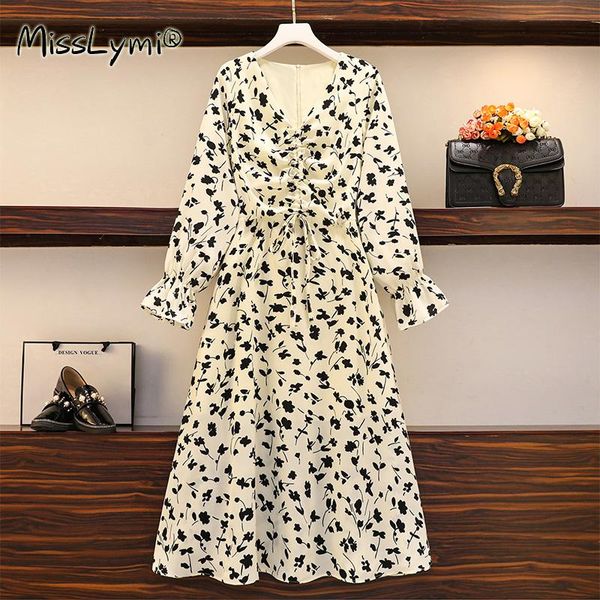 

casual dresses 4xl plus size women korean floral dress autumn 2021 fashion drawstring runched v-neck long sleeve loos print midi, Black;gray