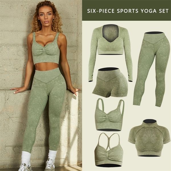 

six piece set women yoga set seamless leggings sports clothes gym clothing sportswear fitness conjunto deportivo mujer 220217
