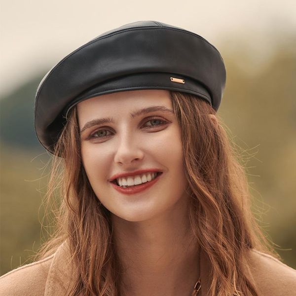 

berets 2021 autumn winter beret women's trendy soft pu leather wool hat literary retro japanese painter of female, Blue;gray