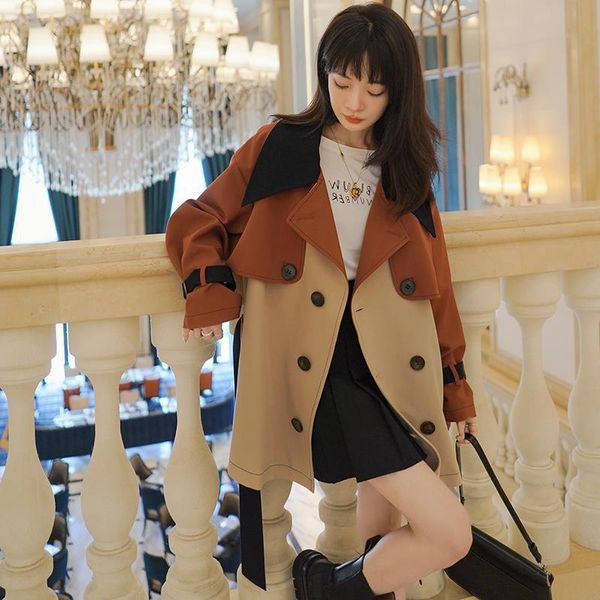 

women's trench coats patchwork turn down collar women short windbreaker autumn korean style double breasted coat casual female, Tan;black