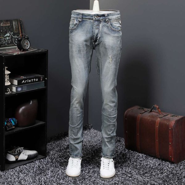

2019 spring and autumn new perforated jeans men's slim little feet versatile elastic casual pantswinter, Blue