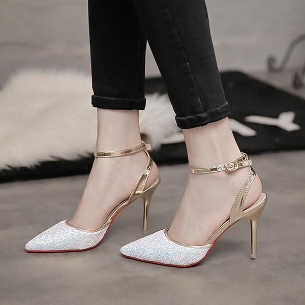 

dress shoes women's 2021 summer solid color sandals sequins fashion heels, Black
