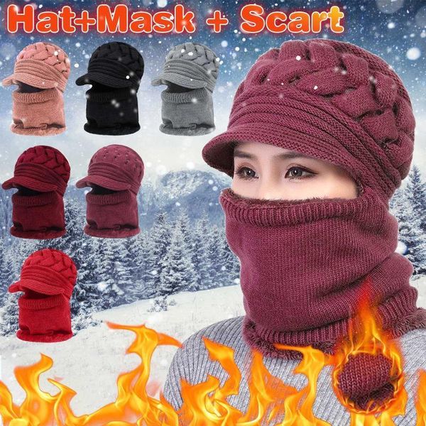 

winterthick women warm soft full bib beanie hat one-piece bobble scarf mask set knitted winter warm snowcap autumn winter hat, Silver