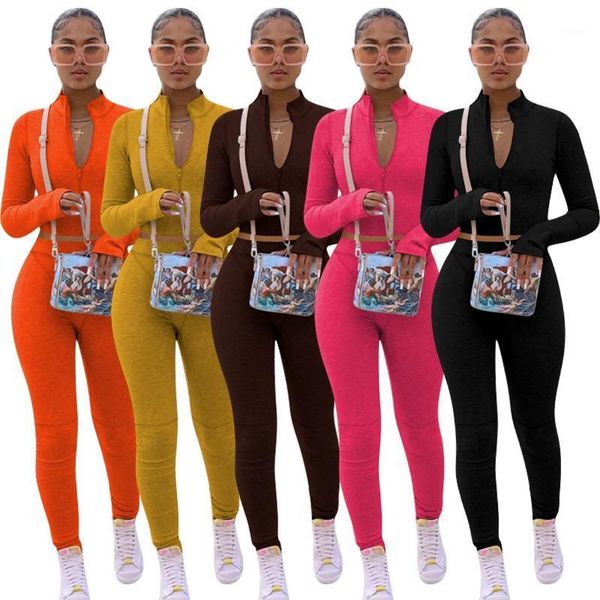 

women's two piece pants 2021 autumn tracksuit women sweat fabric set zip cropped + skinny bodycon legging sports jogger outfits, White
