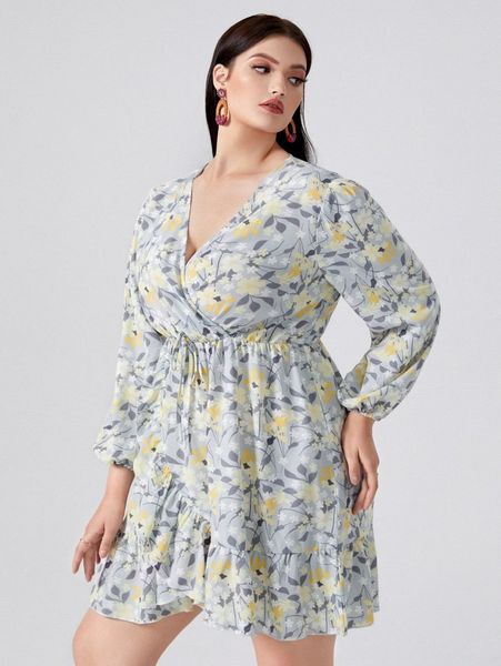 

plus floral surplice front ruffle wrap dress e2ek#, Black