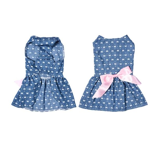 

dog apparel comfortable polyester jeans pet princess dress for summer and spring cute clothes with fashionable bowknot 1 pcs
