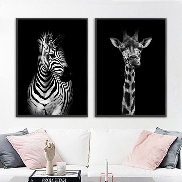 

black and white animal canvas painting zebra elephant print giraffe wall art posters nordic pictures modern living room decor