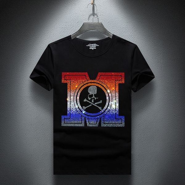 

2021 new t-shirt men summer short sleeve fashion streetwear o-neck slim fit cotton tshirts rhinestone plus size s-7xl tee male x5ew, White;black