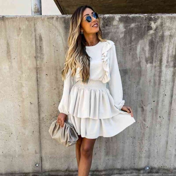 

casual dresses cascading ruffle women spring long sleeve round neck high waist a-line backless es party female vestidos 09zf, Black;gray