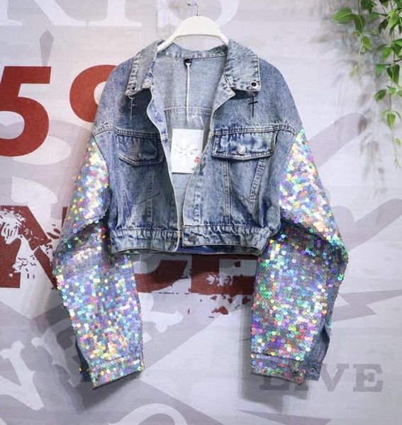 

women's jackets spring and autumn short denim coat female colorful sequins long sleeve jeans jacket students loose coats, Black;brown