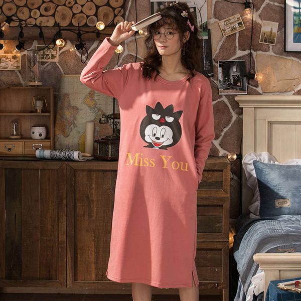 

spring and autumn nightdress women's sleeve cotton pajamas sweet cartoon winter long skirt casual dress home clothes, Black;red