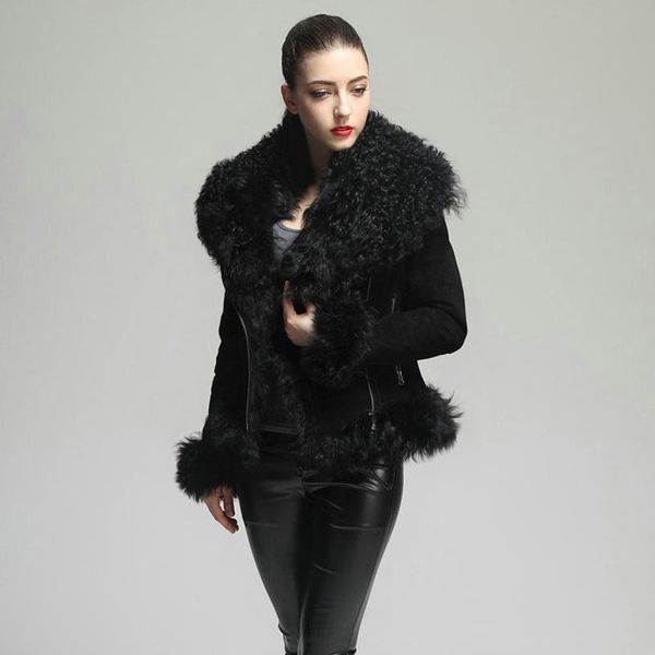 

women's fur & faux rf1923 real jacket winter lamb coat genuine leather zipper long sleeve super warm natural sheep, Black