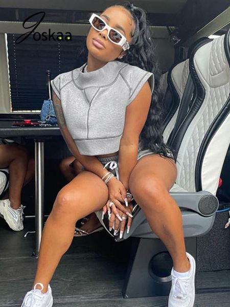 

women's tracksuits joskaa casual two piece set women clothing loose sleeveless crop biker shorts matching fall 2021 fashion fitness, Gray