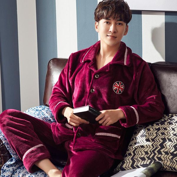 

men's sleepwear winter men pajamas sets coral fleece printed suit flannel long sleeve autumn pajama male warm thick home clothes, Black;brown