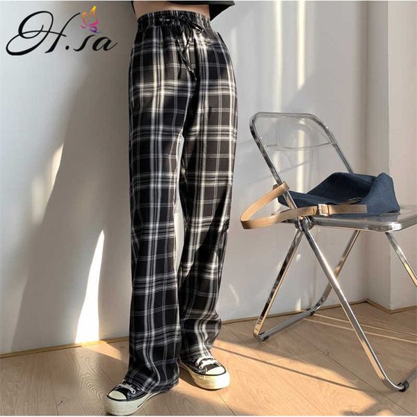 

h.sa women spring plaid trousers baggy long pants lady oversized wide leg plaid pant casual high waist women pantalon femme 210716, Black;white